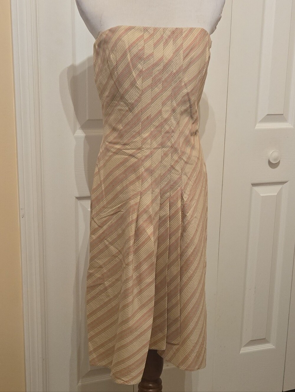 KAY UNGER Strapless Cream and Pink Striped Midi Dress SZ 6